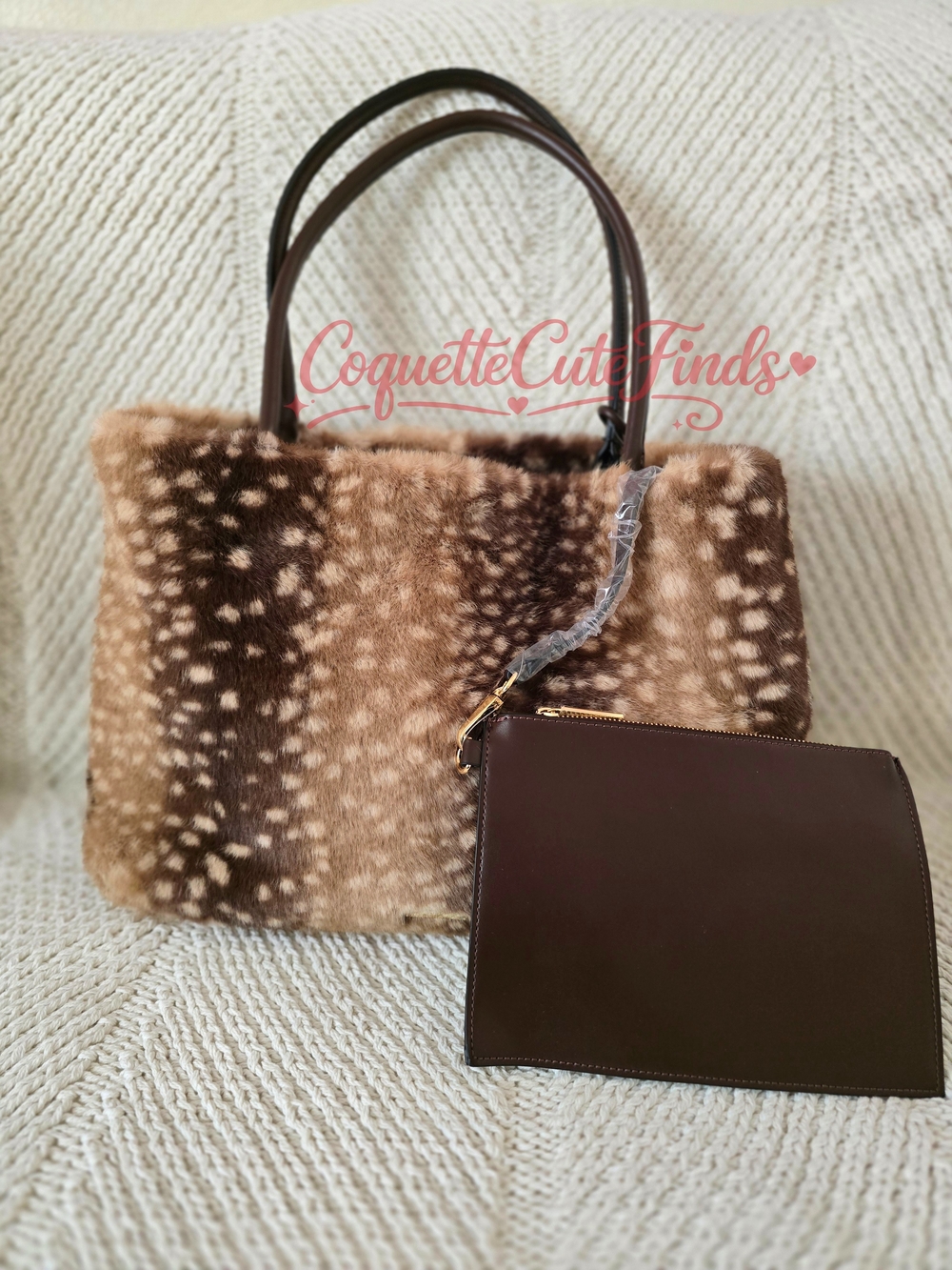 Faux Fur Tote Bag with Dark Brown Handles - Brand